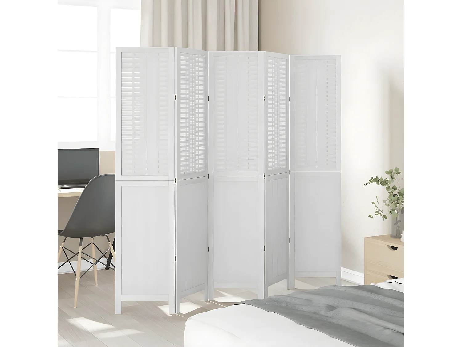 Cloison de séparation 5 panneaux blanc bois de paulownia massif