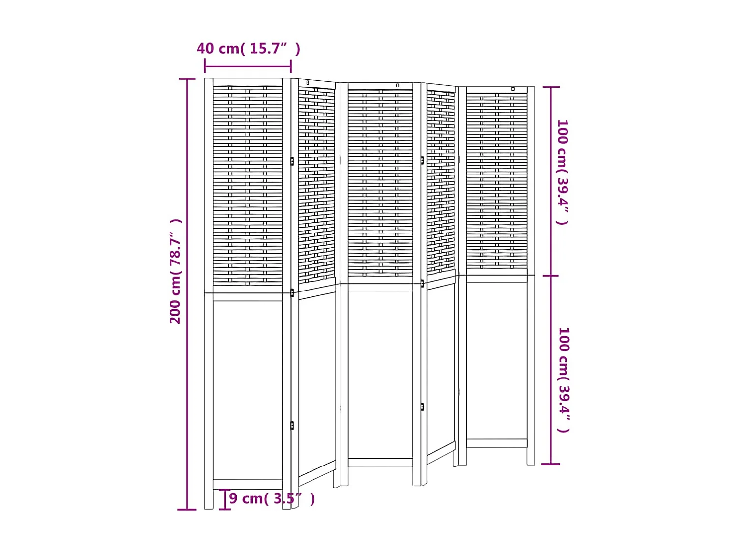 Cloison de séparation 5 panneaux blanc bois de paulownia massif