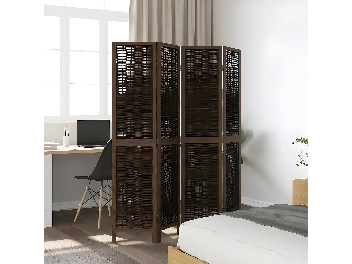 Cloison de séparation 4 panneaux marron foncé paulownia massif