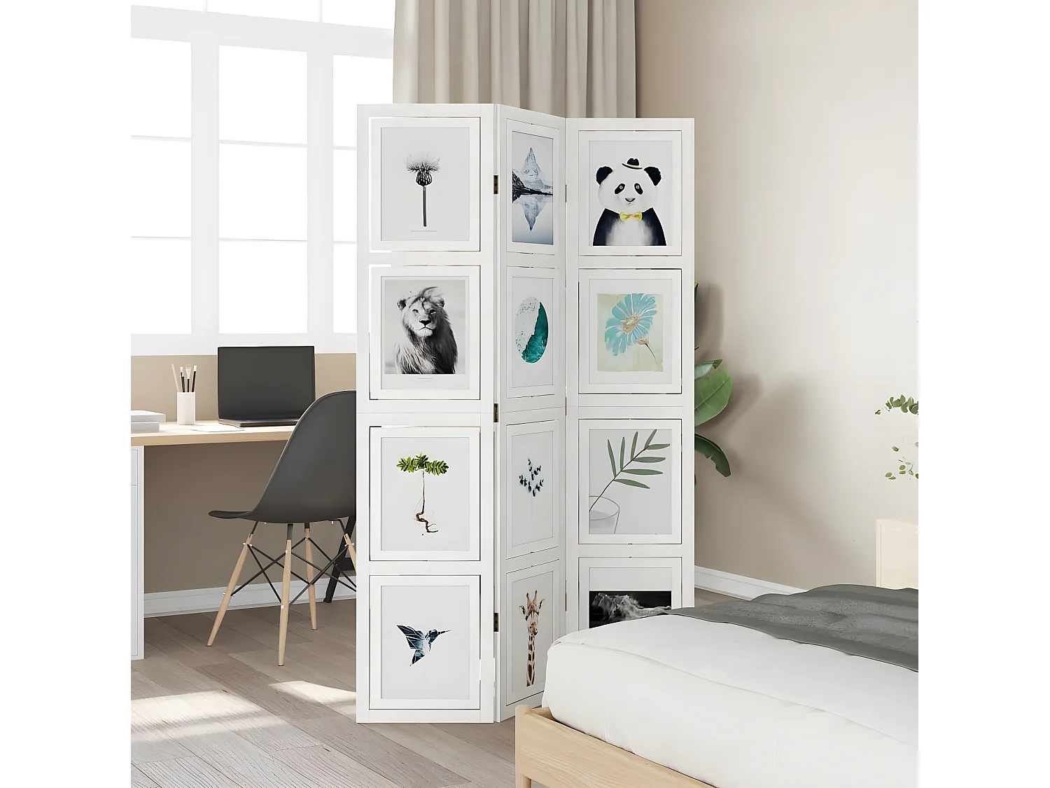 Cloison de séparation 3 panneaux blanc bois de paulownia massif