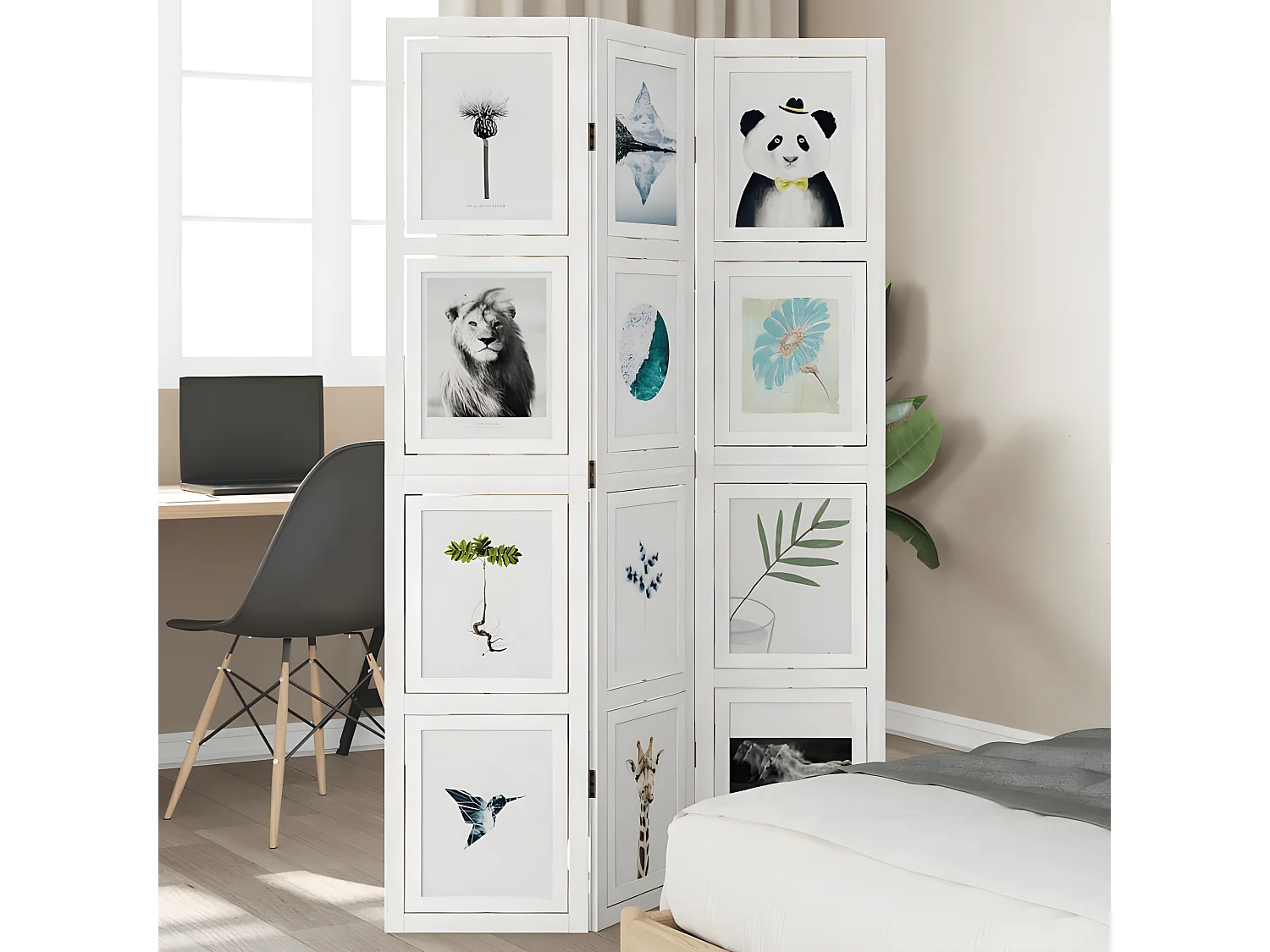 Cloison de séparation 3 panneaux blanc bois de paulownia massif