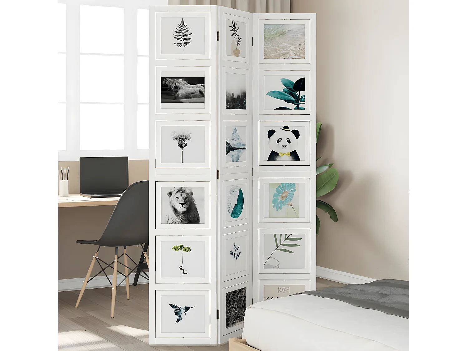 Cloison de séparation 3 panneaux blanc bois de paulownia massif