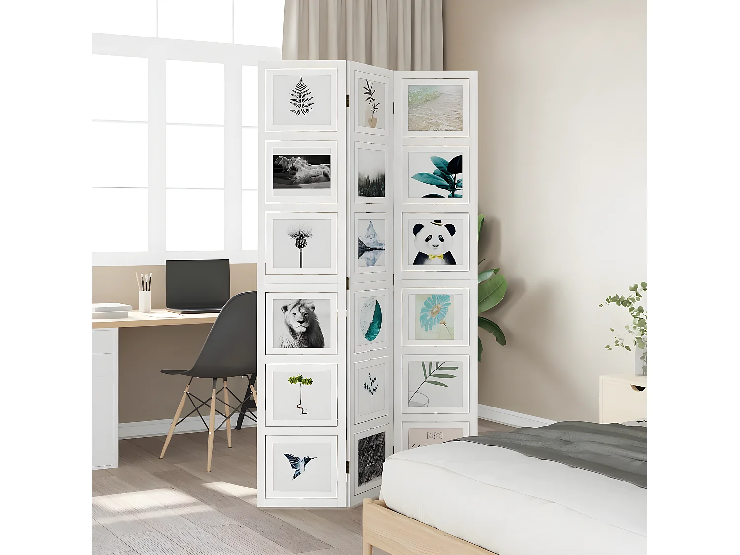 Cloison de séparation 3 panneaux blanc bois de paulownia massif