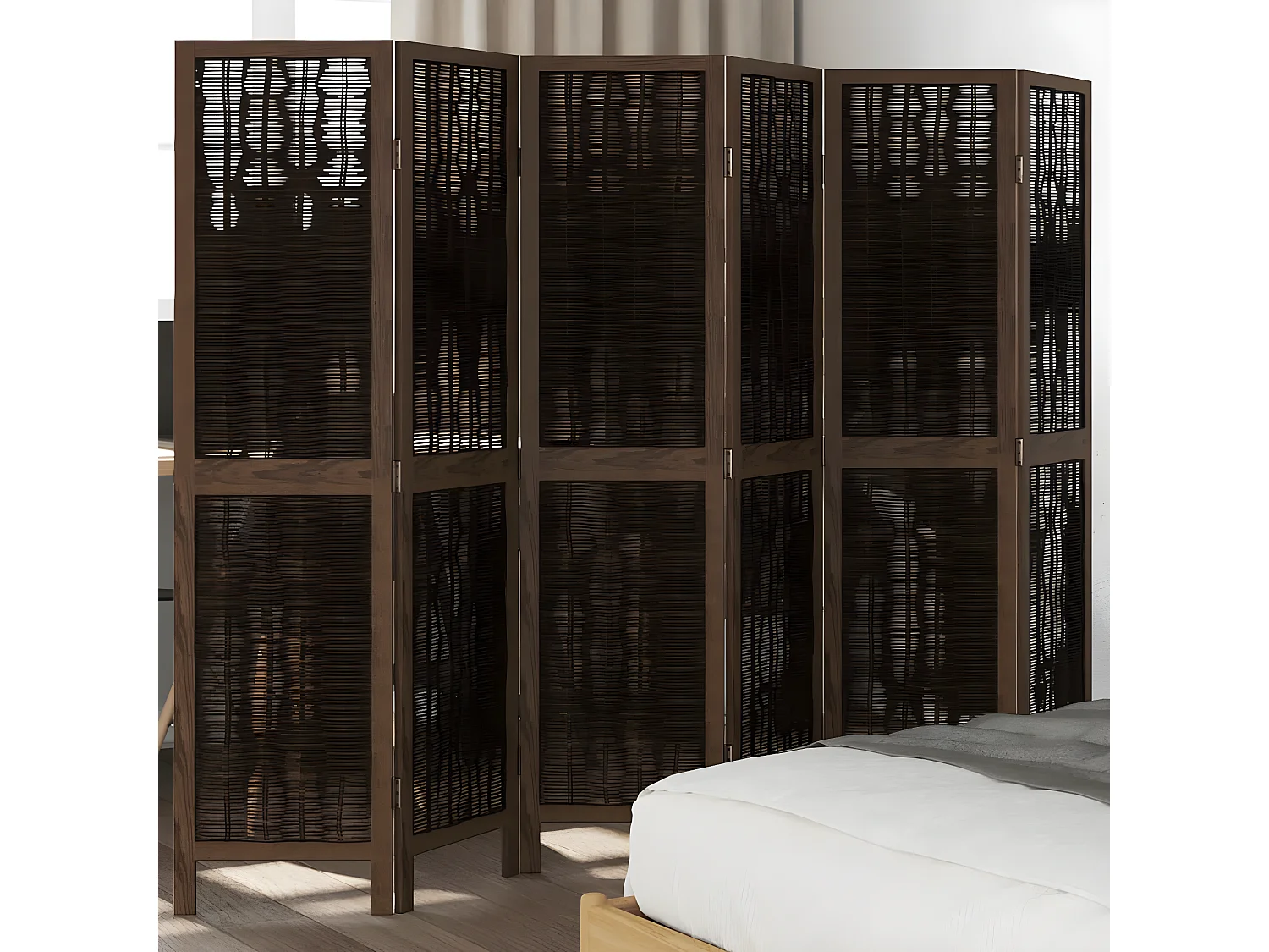 Cloison de séparation 6 panneaux marron foncé paulownia massif