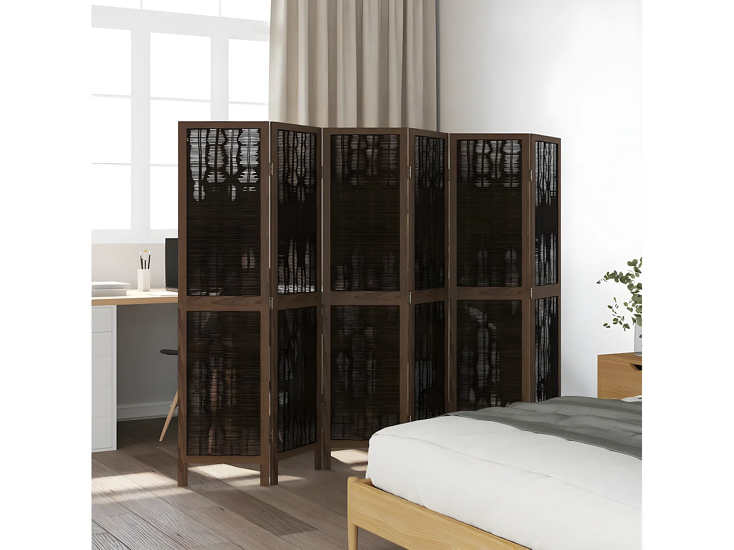 Cloison de séparation 6 panneaux marron foncé paulownia massif