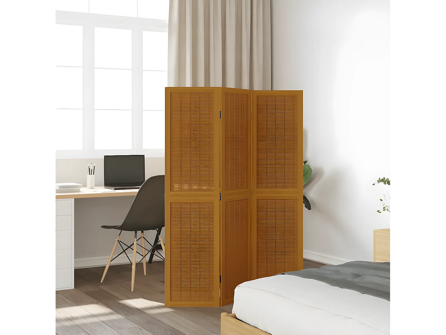 Cloison de séparation 3 panneaux marron bois paulownia massif