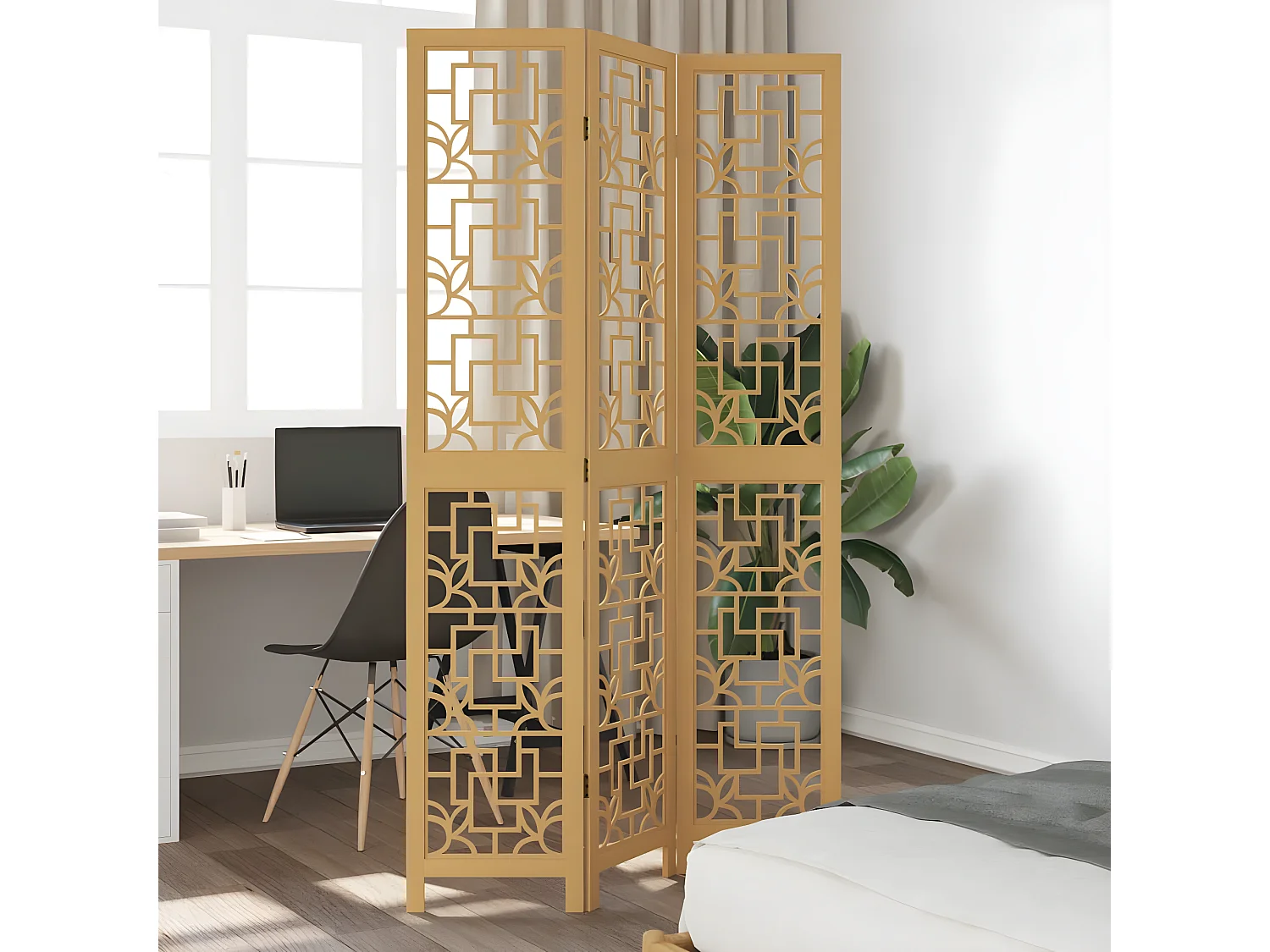 Cloison de séparation 3 panneaux marron bois paulownia massif