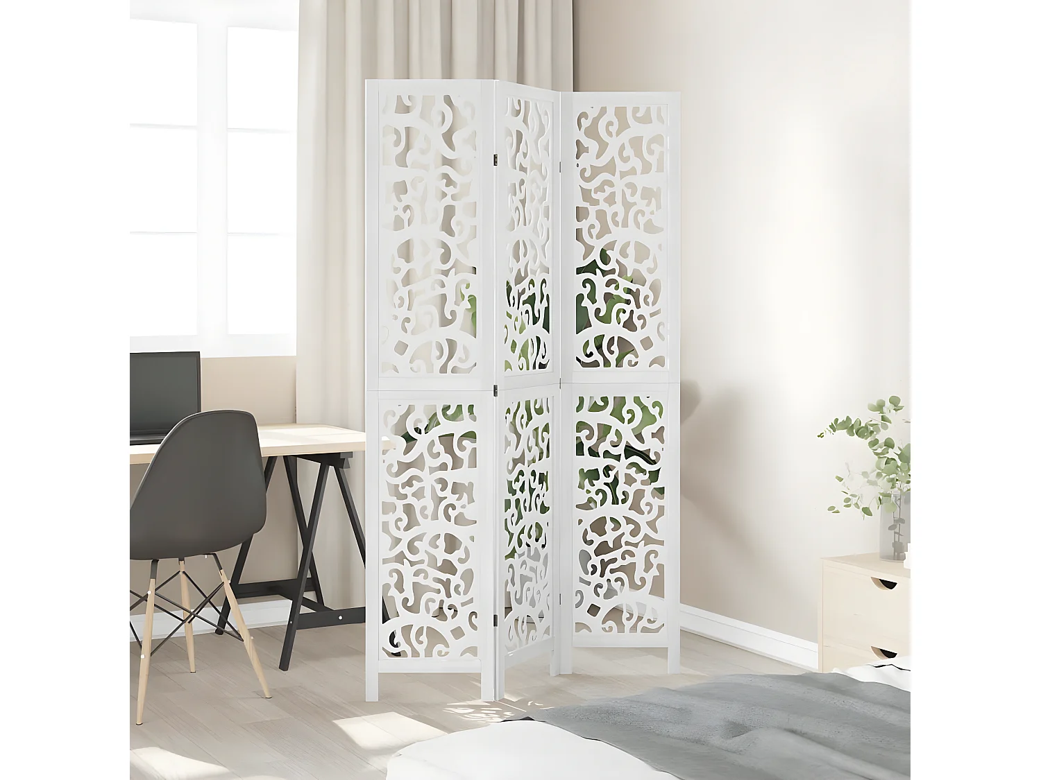 Cloison de séparation 3 panneaux blanc bois de paulownia massif