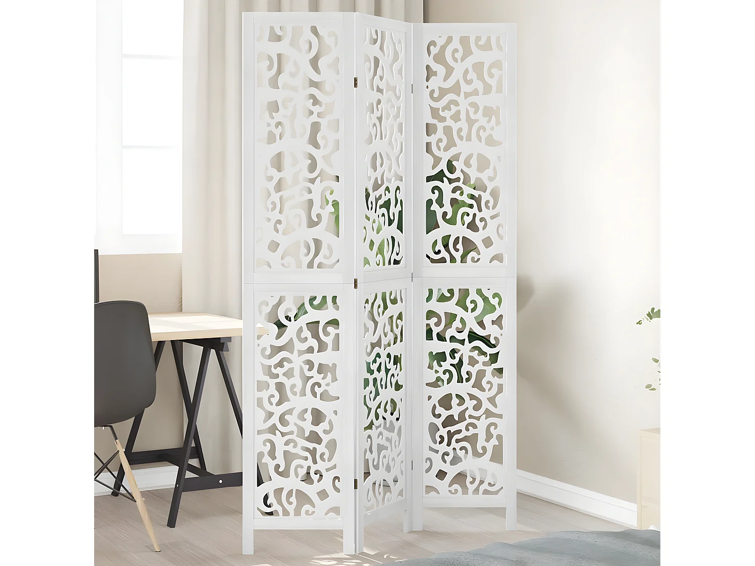 Cloison de séparation 3 panneaux blanc bois de paulownia massif