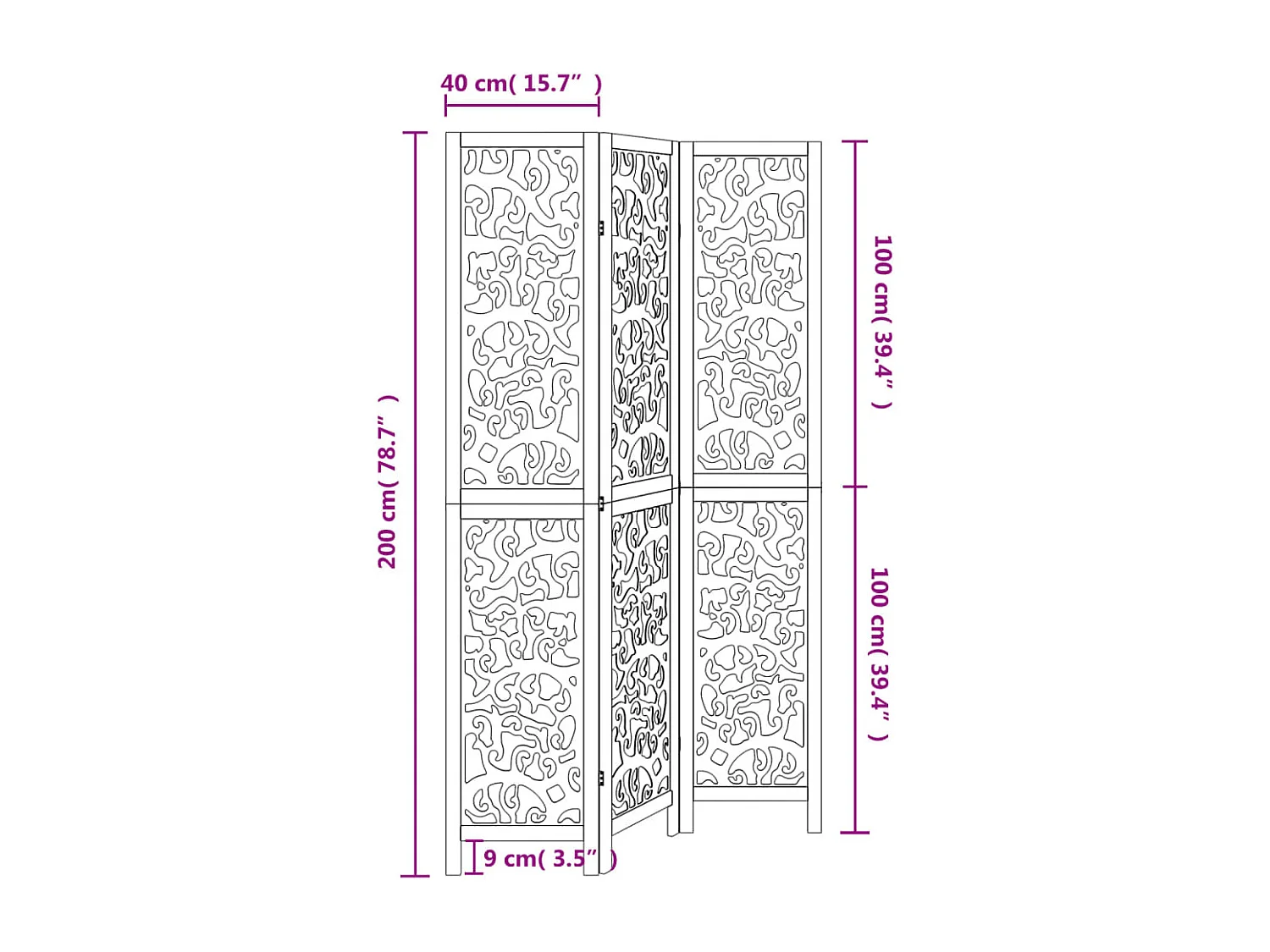 Cloison de séparation 3 panneaux blanc bois de paulownia massif