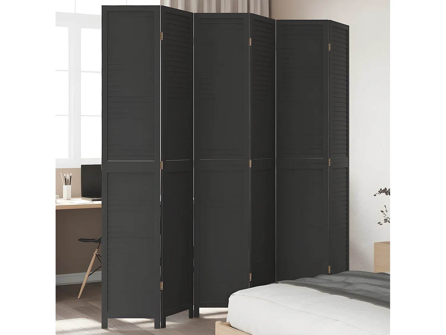 Cloison de séparation 6 panneaux noir bois de paulownia massif