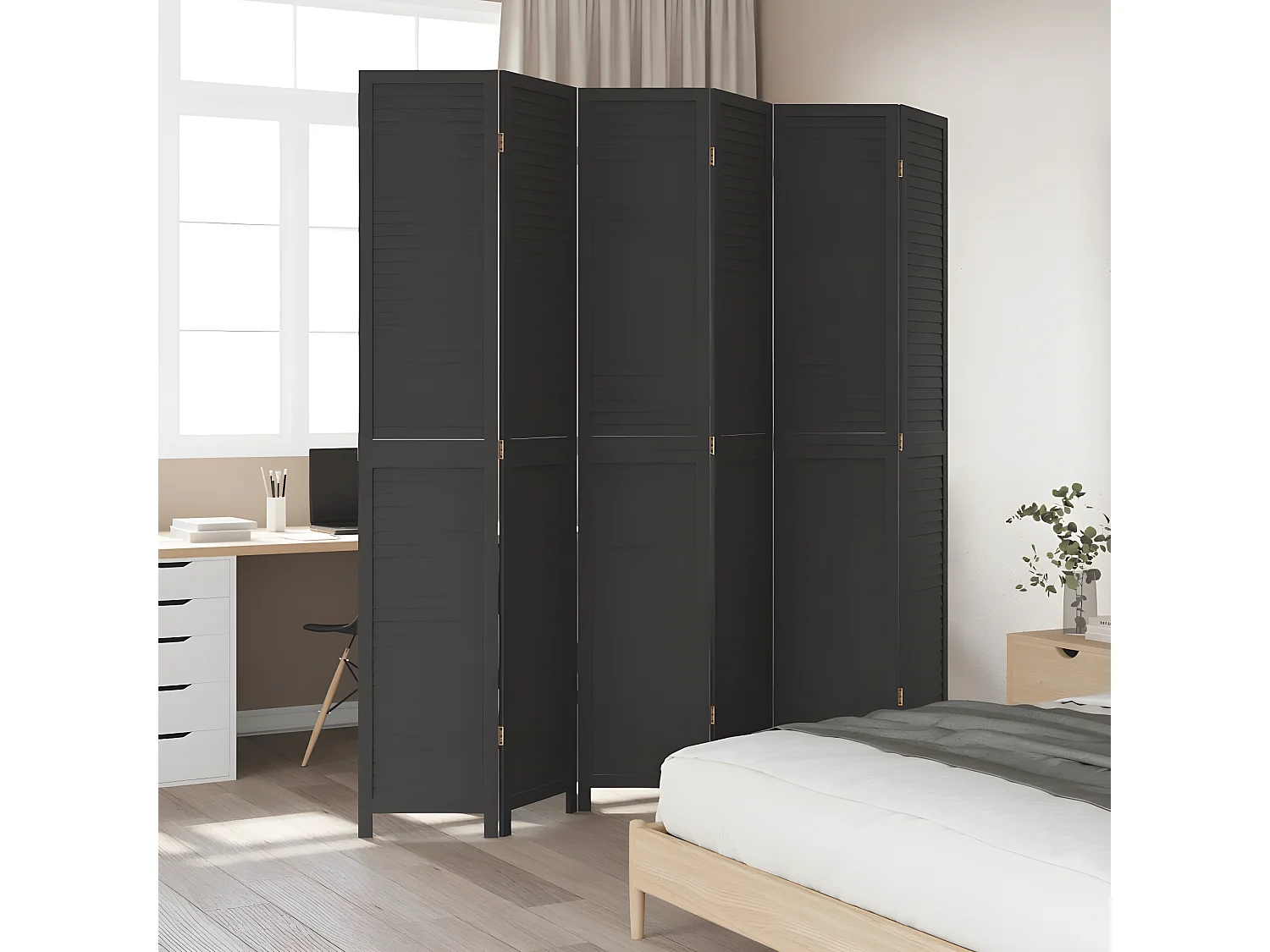 Cloison de séparation 6 panneaux noir bois de paulownia massif