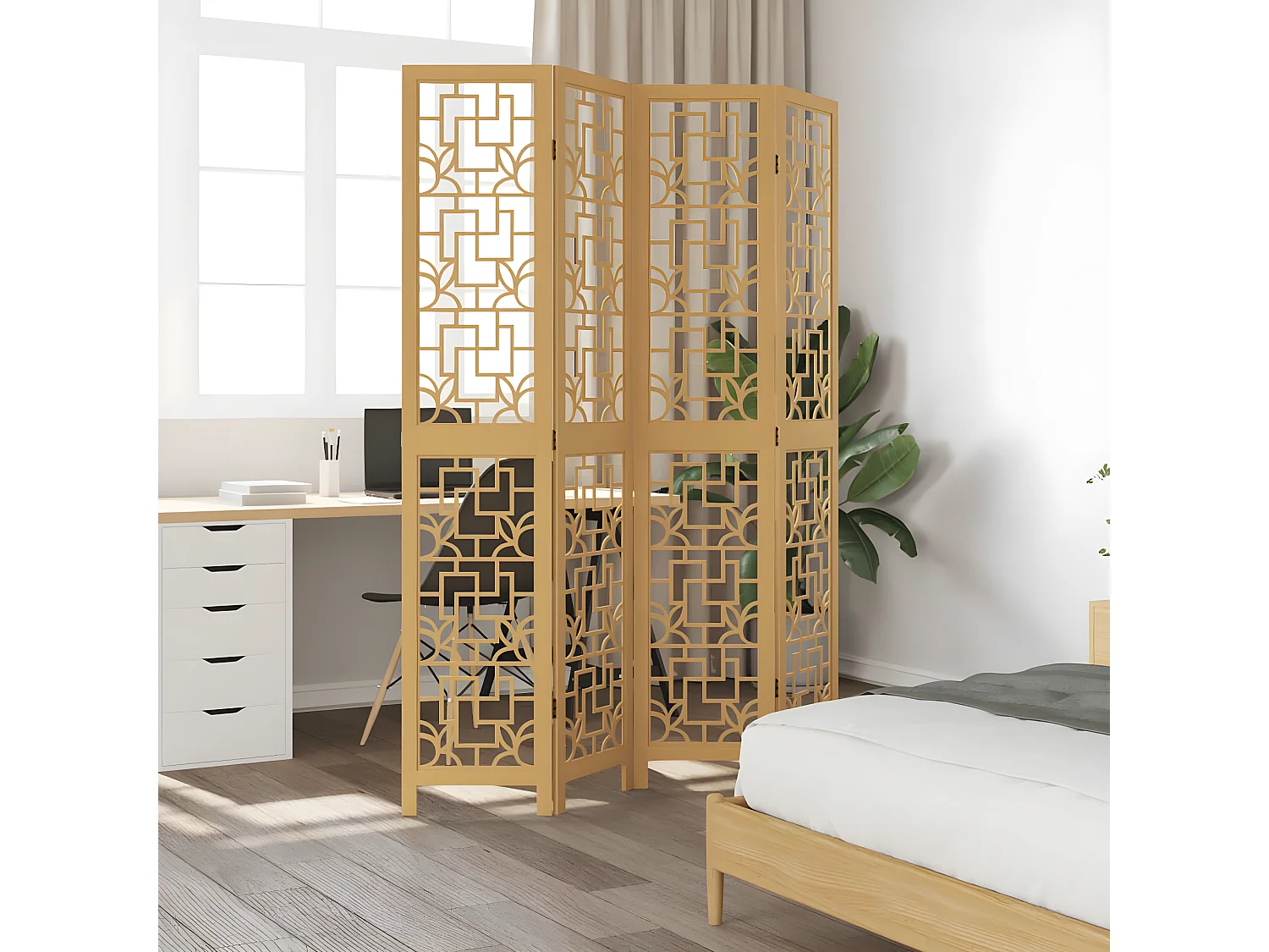 Cloison de séparation 4 panneaux marron bois paulownia massif