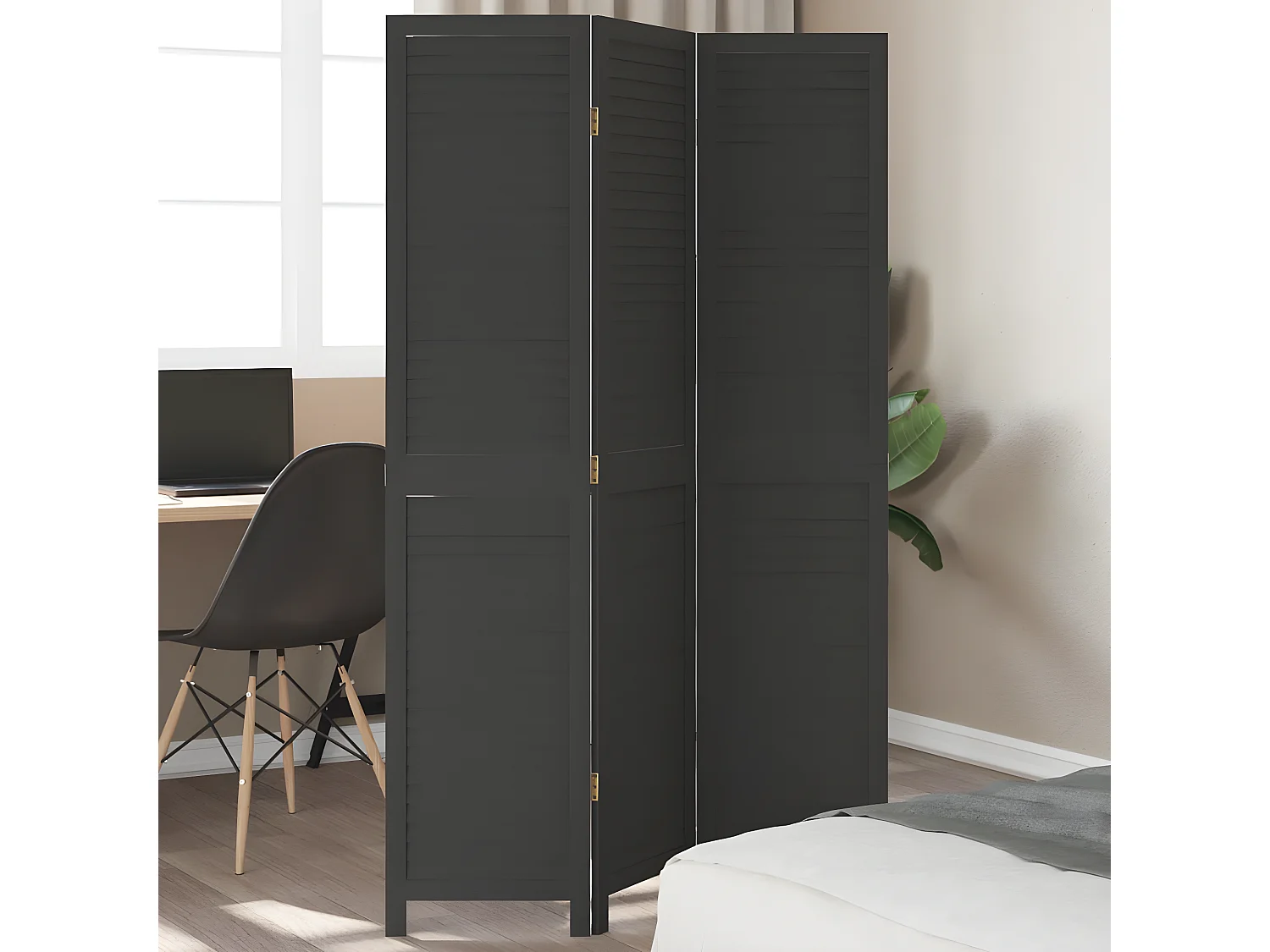 Cloison de séparation 3 panneaux noir bois de paulownia massif
