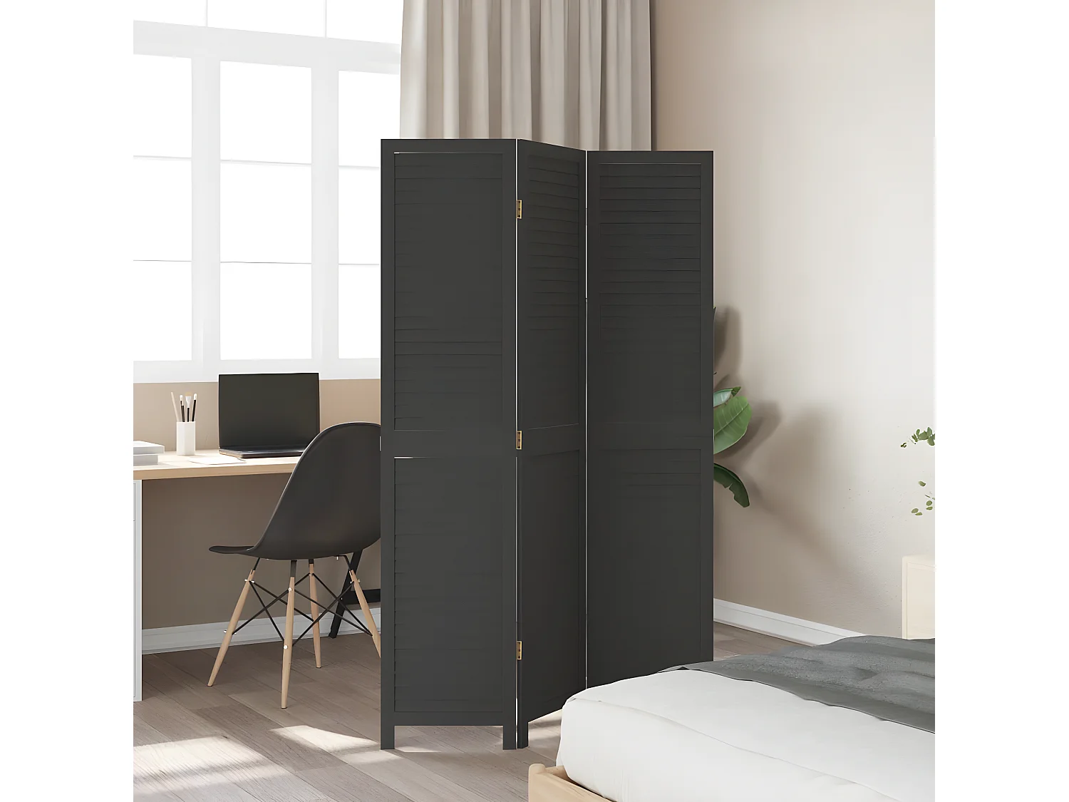 Cloison de séparation 3 panneaux noir bois de paulownia massif