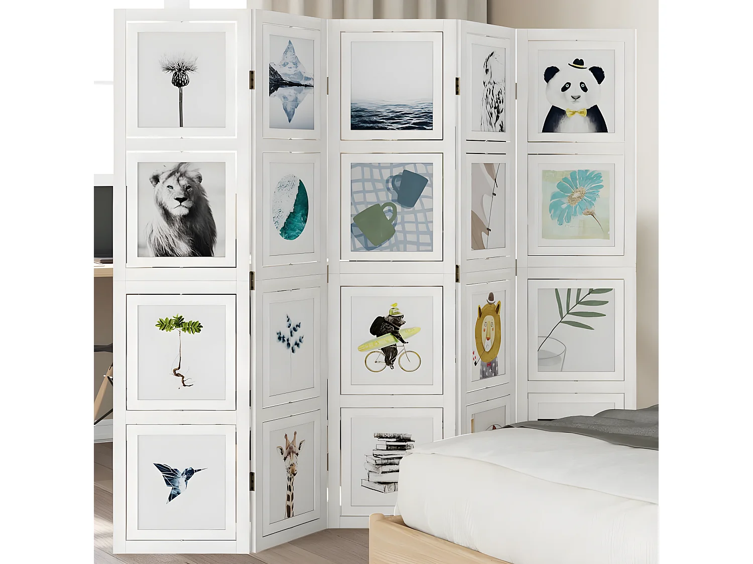 Cloison de séparation 5 panneaux blanc bois de paulownia massif