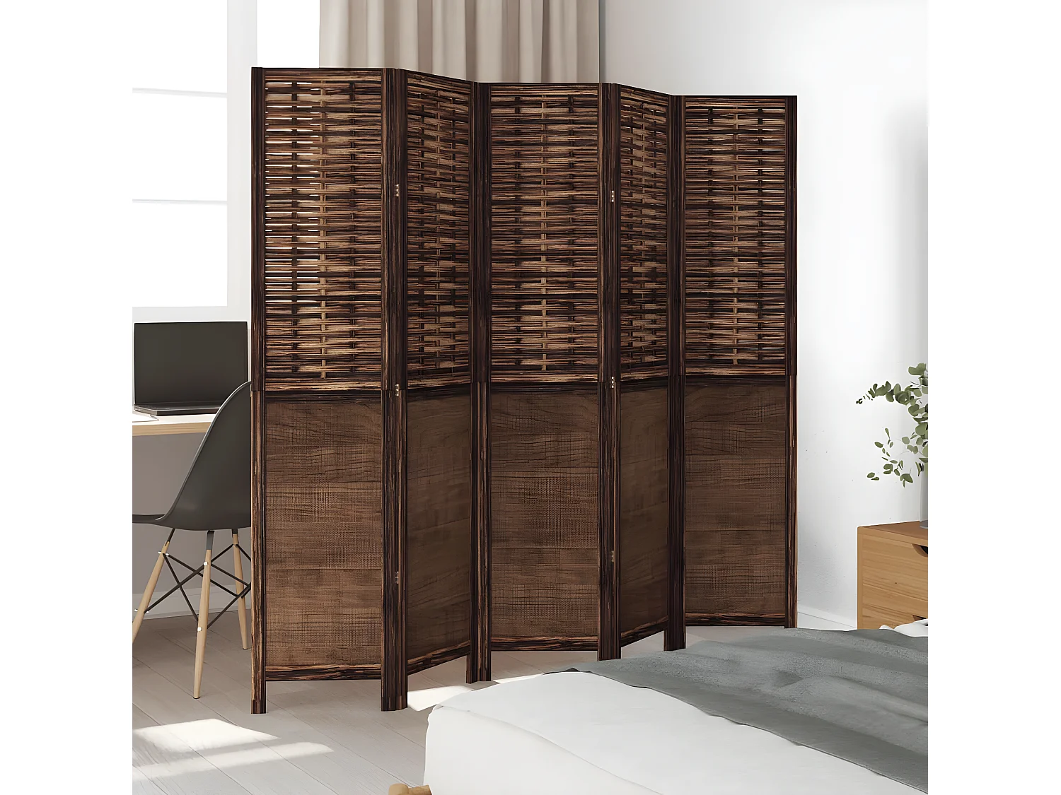 Cloison de séparation 5 panneaux marron foncé paulownia massif