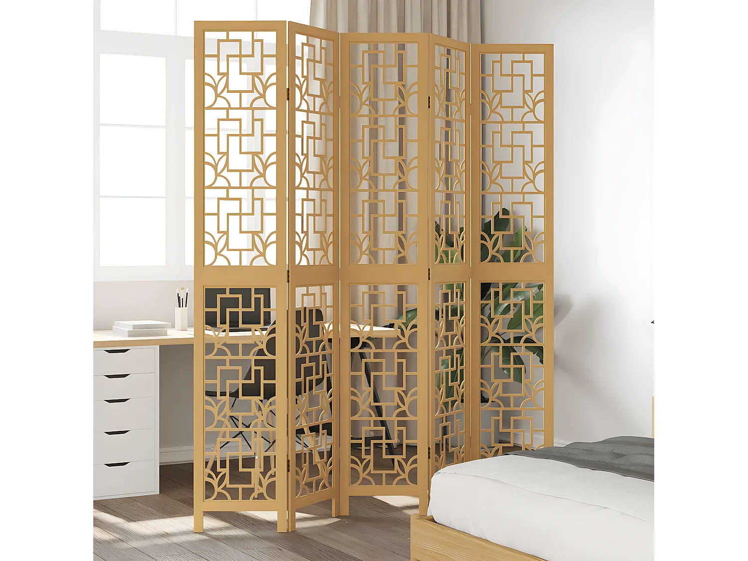 Cloison de séparation 5 panneaux marron bois paulownia massif