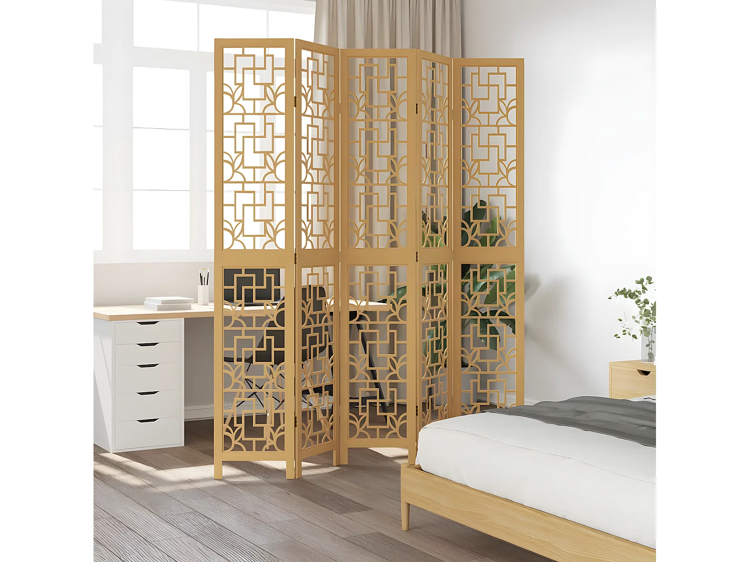 Cloison de séparation 5 panneaux marron bois paulownia massif