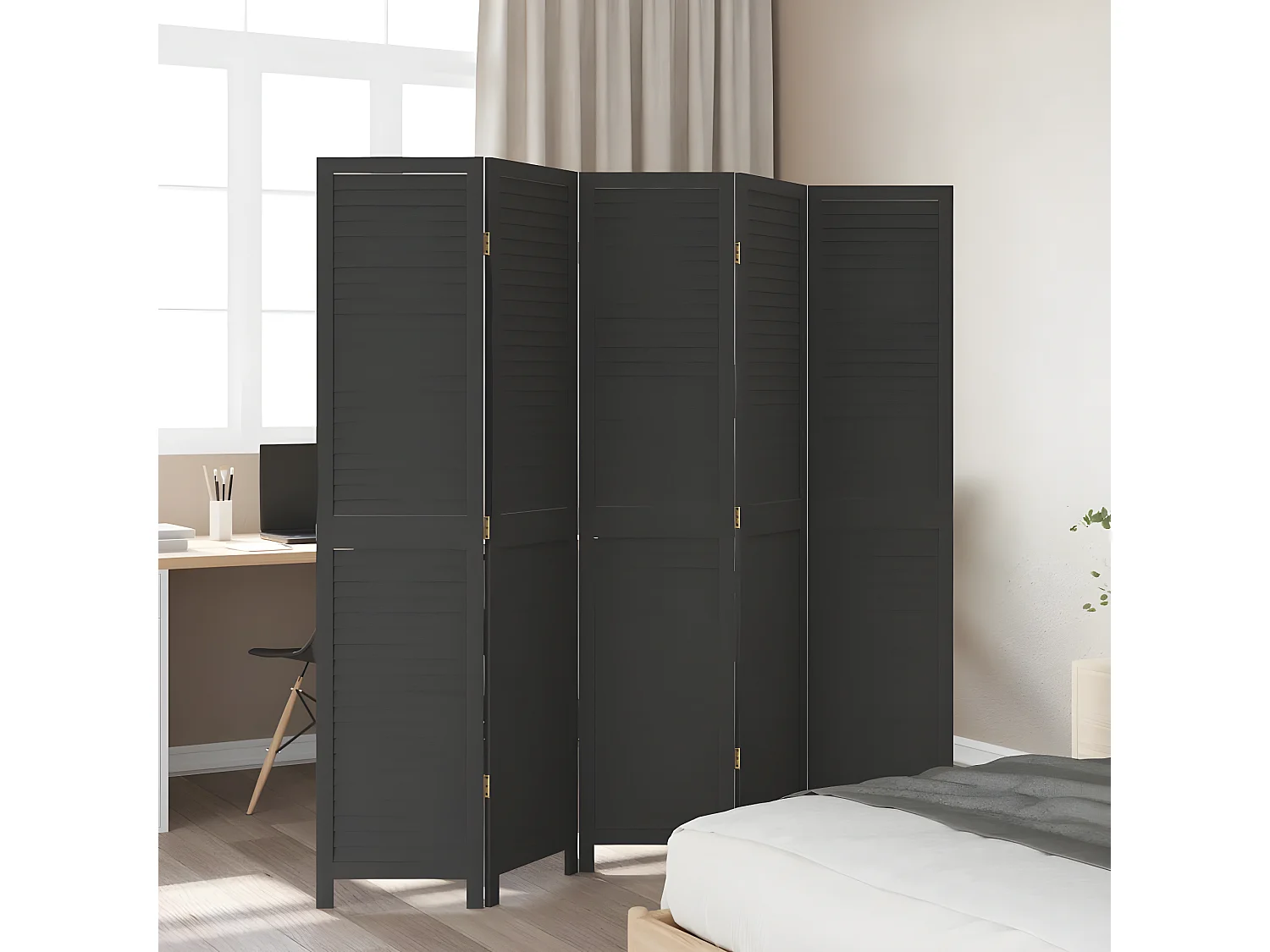 Cloison de séparation 5 panneaux noir bois de paulownia massif