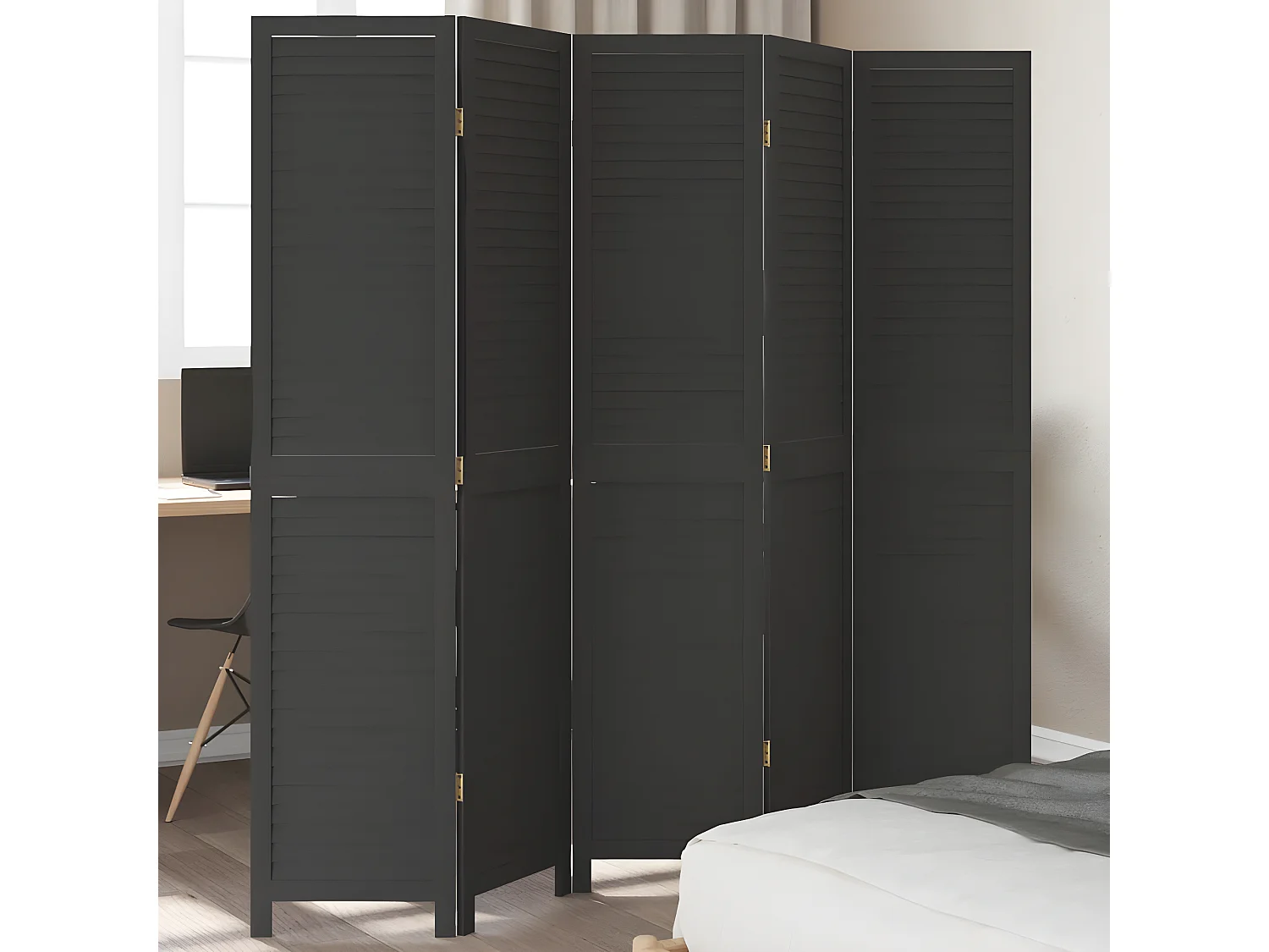 Cloison de séparation 5 panneaux noir bois de paulownia massif