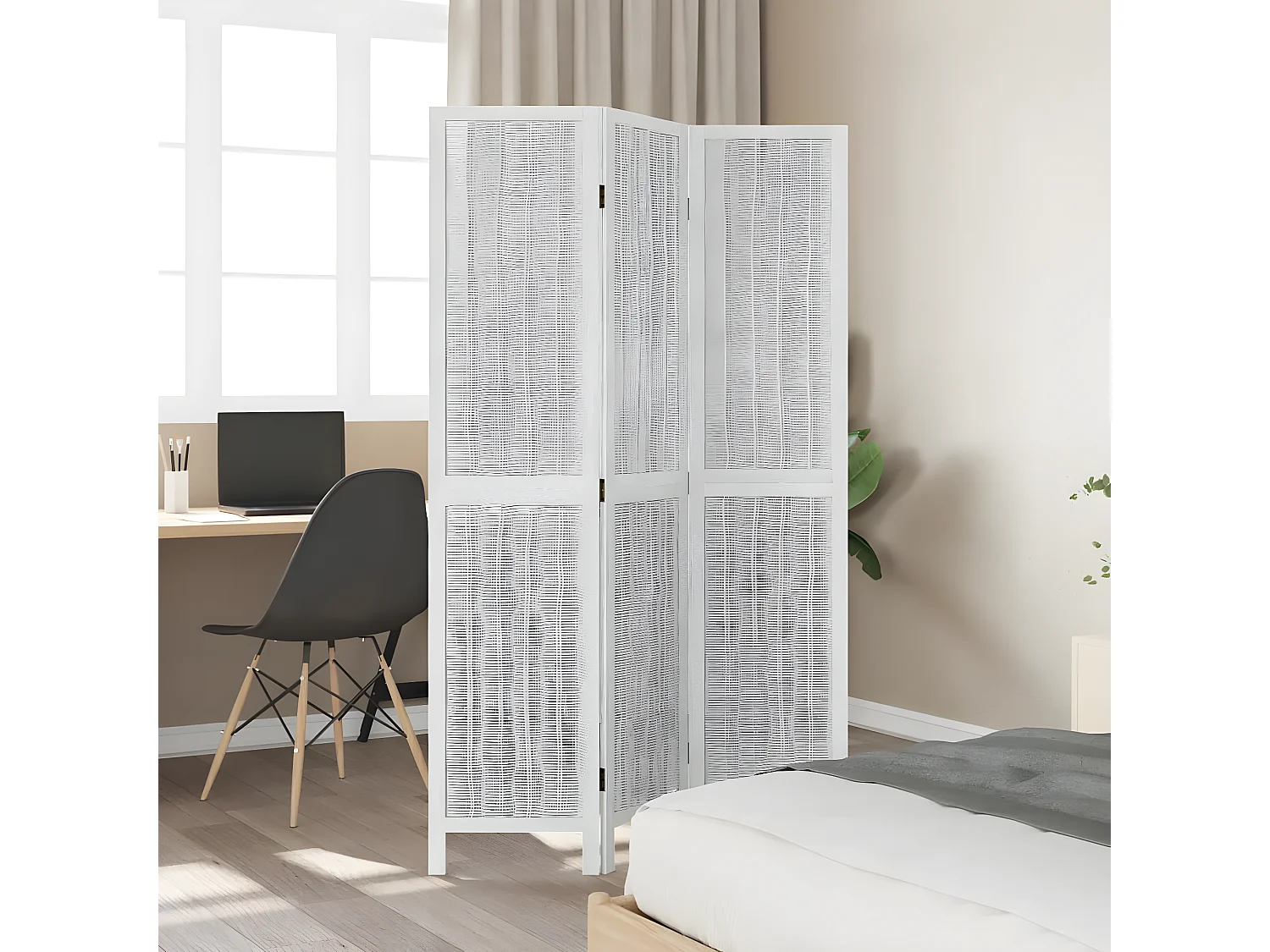 Cloison de séparation 3 panneaux blanc bois de paulownia massif