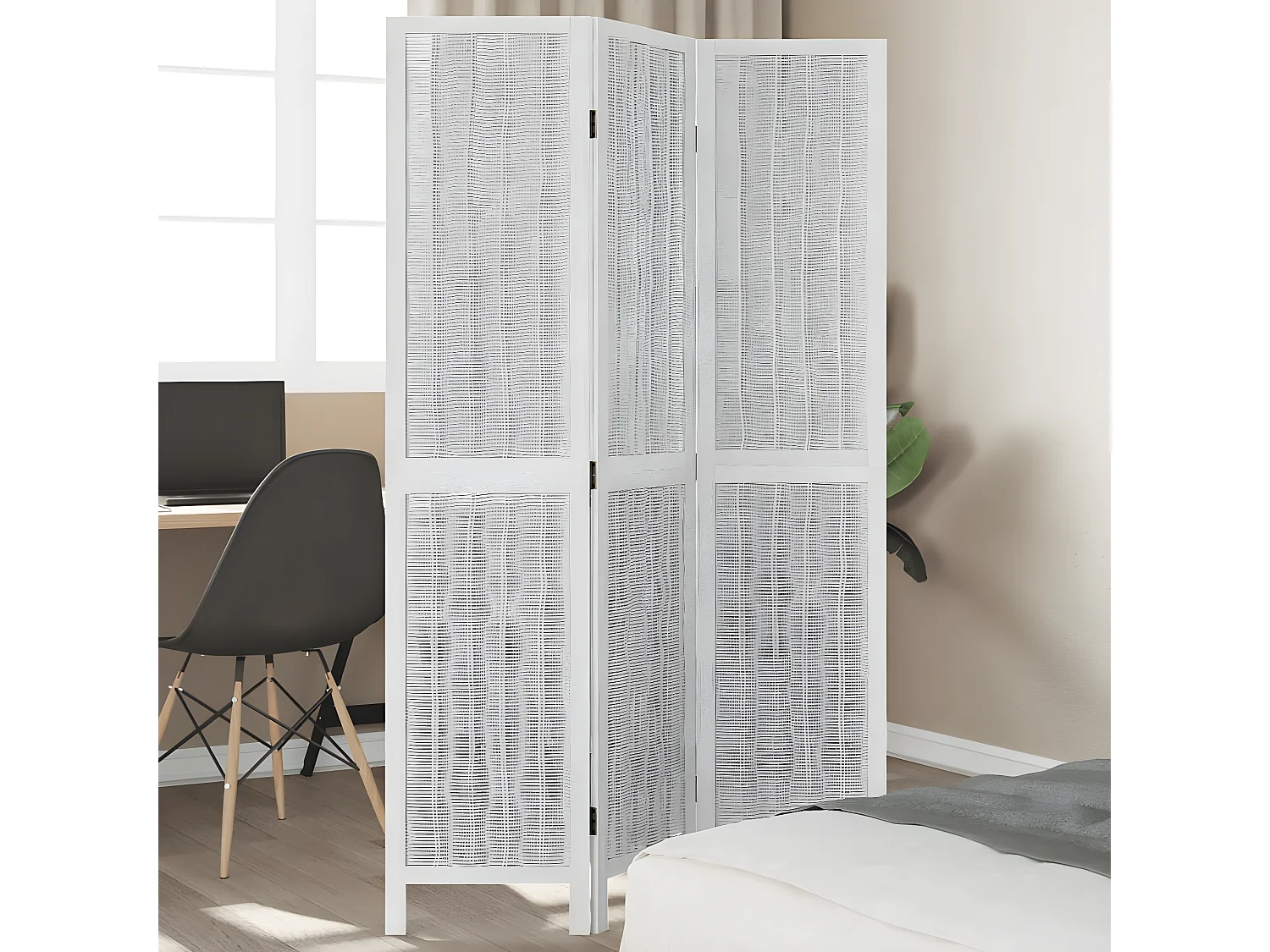 Cloison de séparation 3 panneaux blanc bois de paulownia massif