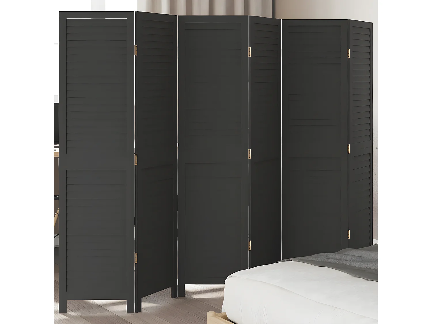 Cloison de séparation 6 panneaux noir bois de paulownia massif