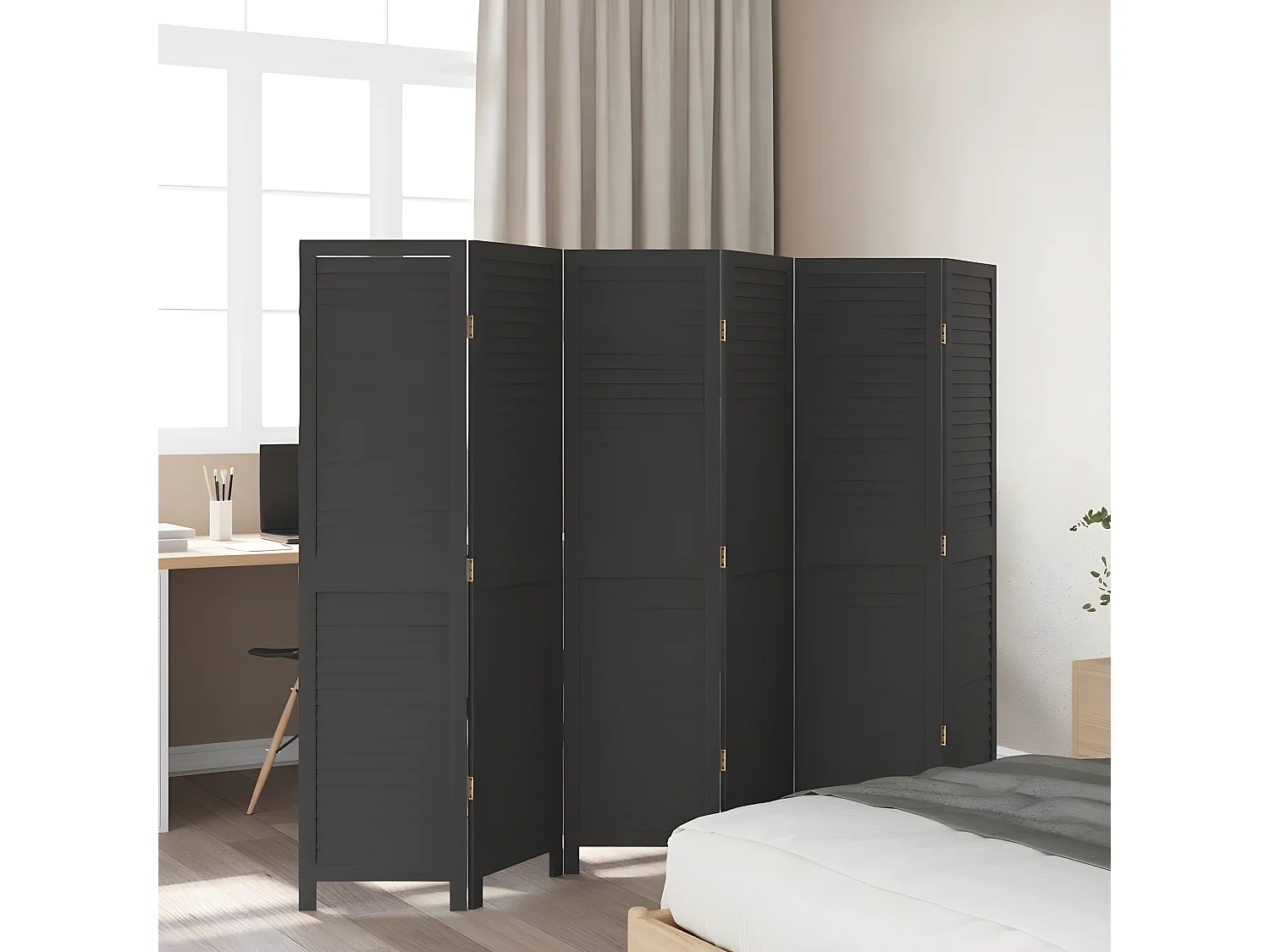 Cloison de séparation 6 panneaux noir bois de paulownia massif