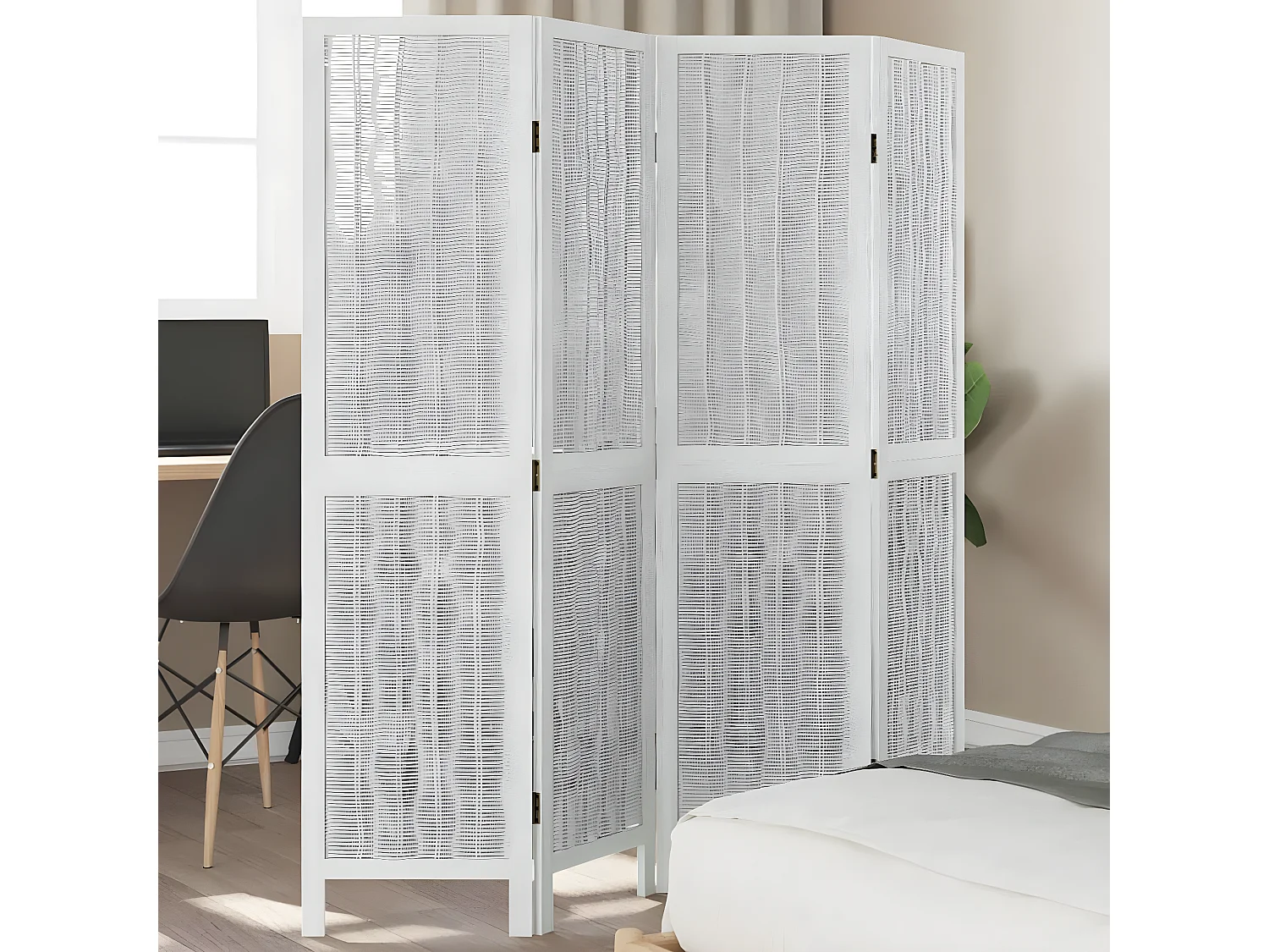 Cloison de séparation 4 panneaux blanc bois de paulownia massif