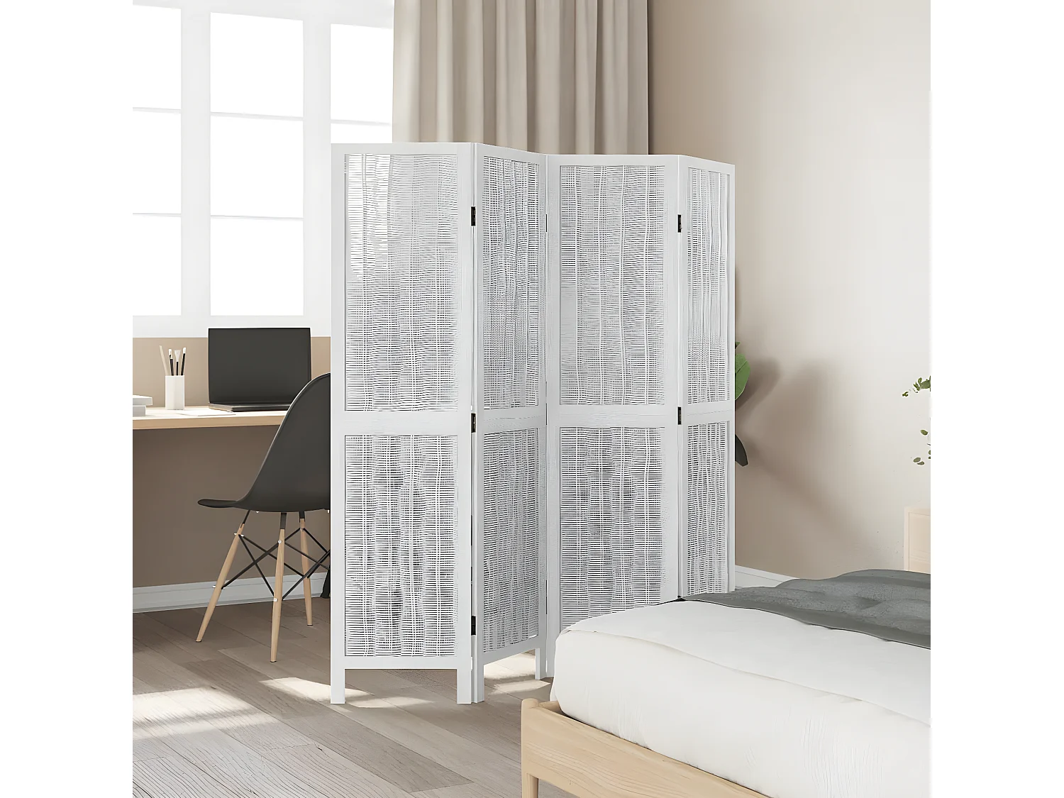 Cloison de séparation 4 panneaux blanc bois de paulownia massif