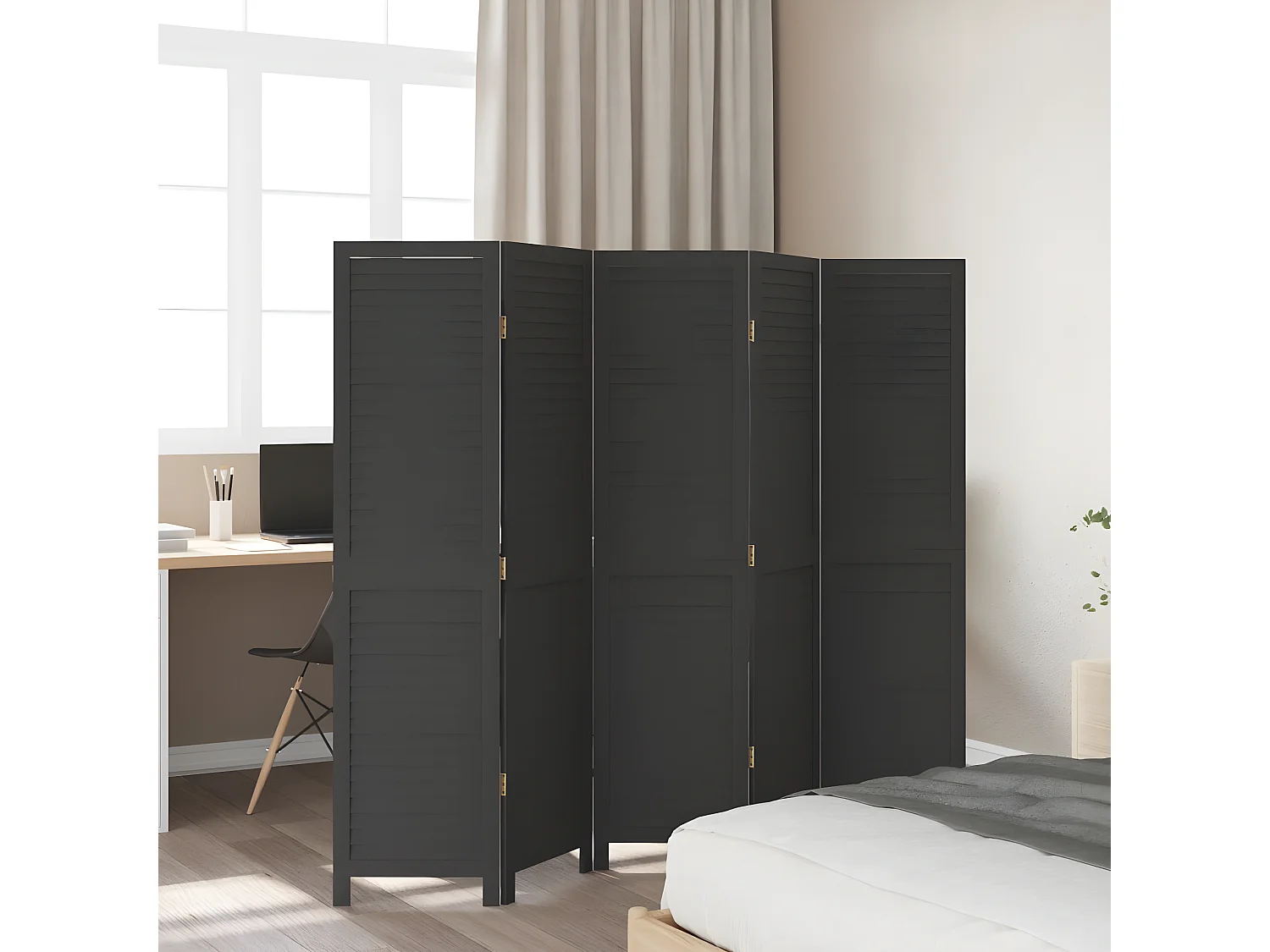 Cloison de séparation 5 panneaux noir bois de paulownia massif