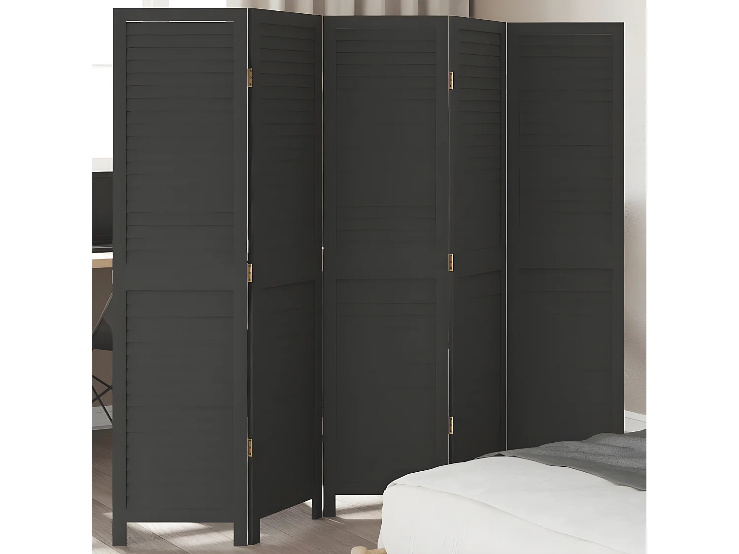 Cloison de séparation 5 panneaux noir bois de paulownia massif