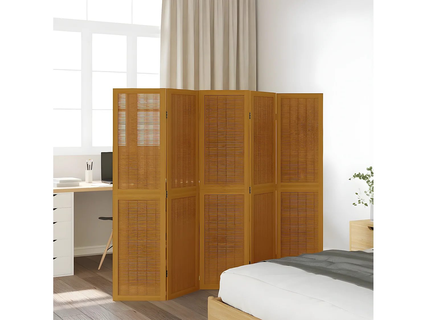 Cloison de séparation 5 panneaux marron bois paulownia massif