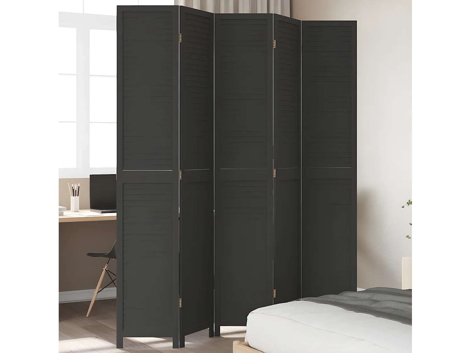 Cloison de séparation 5 panneaux noir bois de paulownia massif