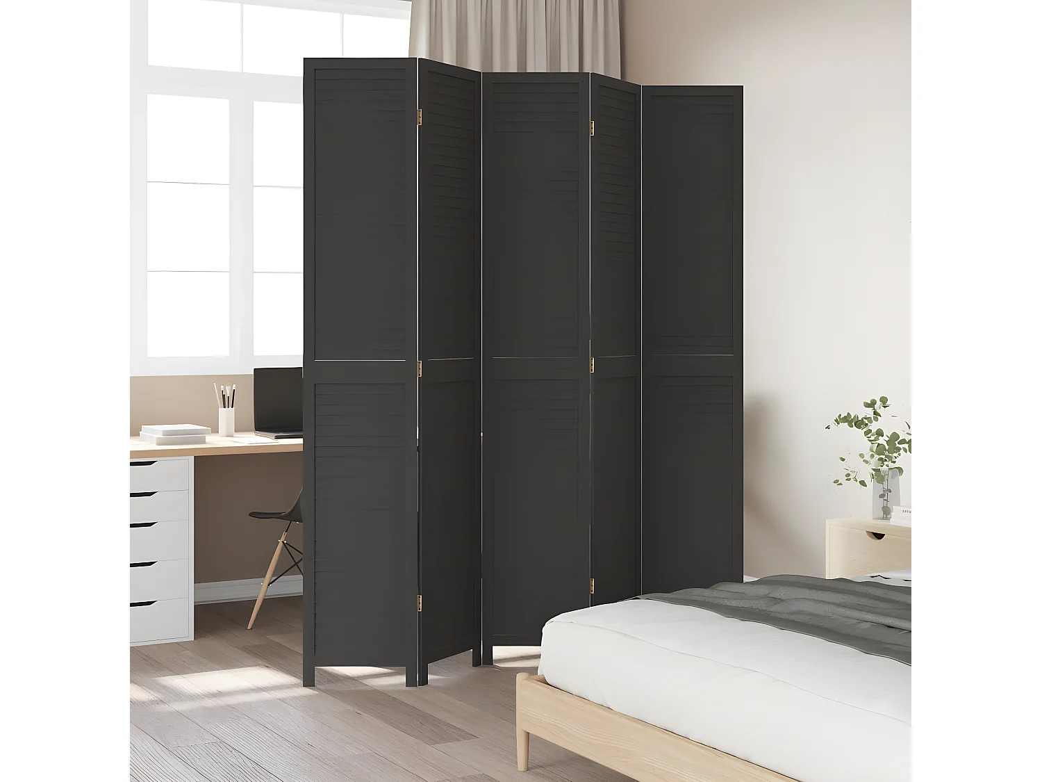 Cloison de séparation 5 panneaux noir bois de paulownia massif