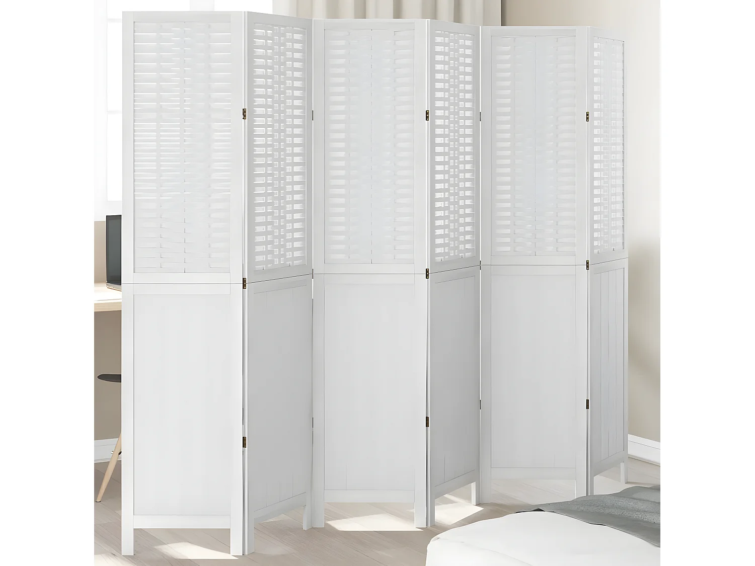 Cloison de séparation 6 panneaux blanc bois de paulownia massif
