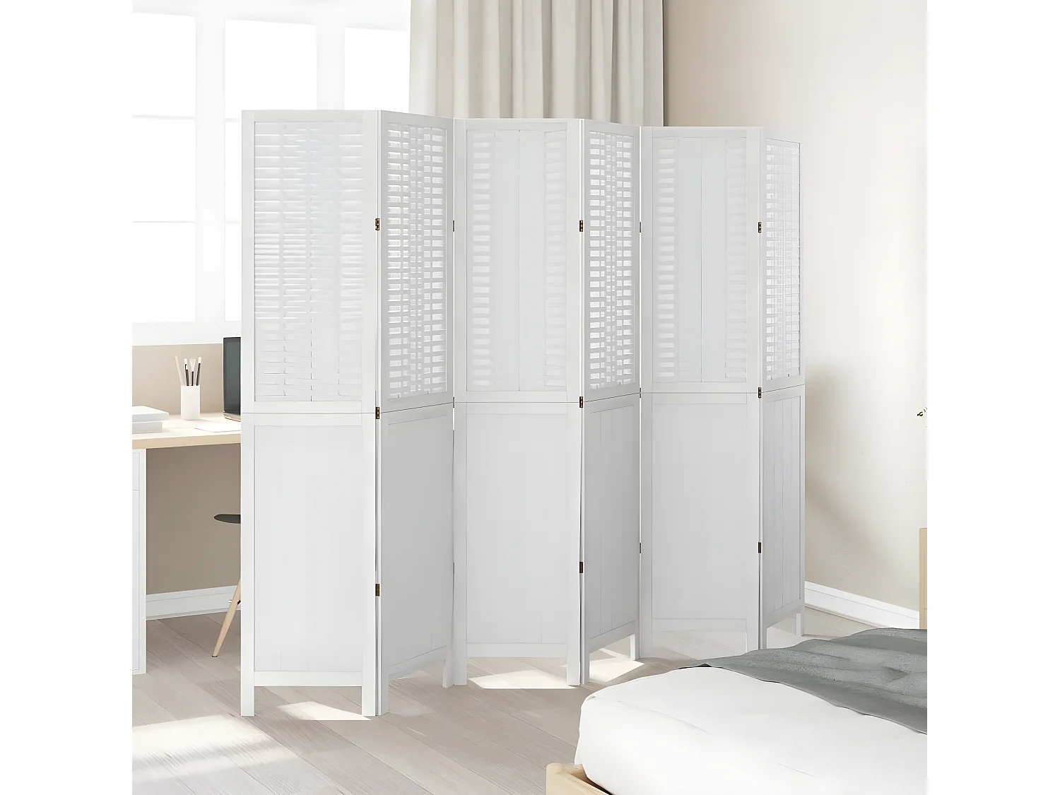 Cloison de séparation 6 panneaux blanc bois de paulownia massif