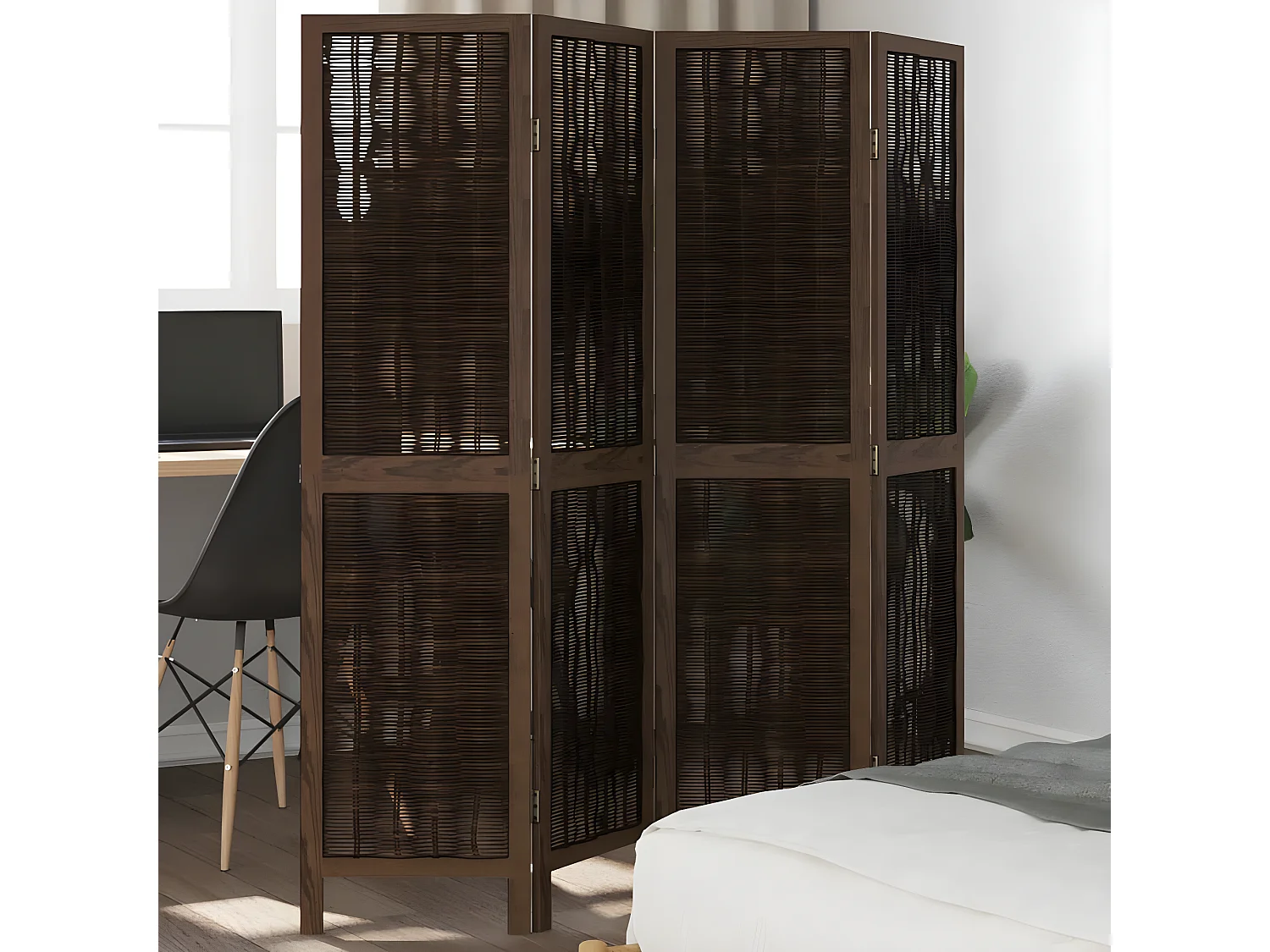 Cloison de séparation 4 panneaux marron foncé paulownia massif