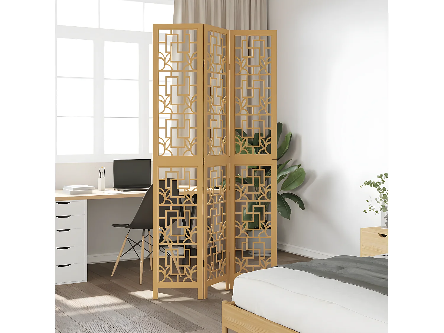 Cloison de séparation 3 panneaux marron bois paulownia massif