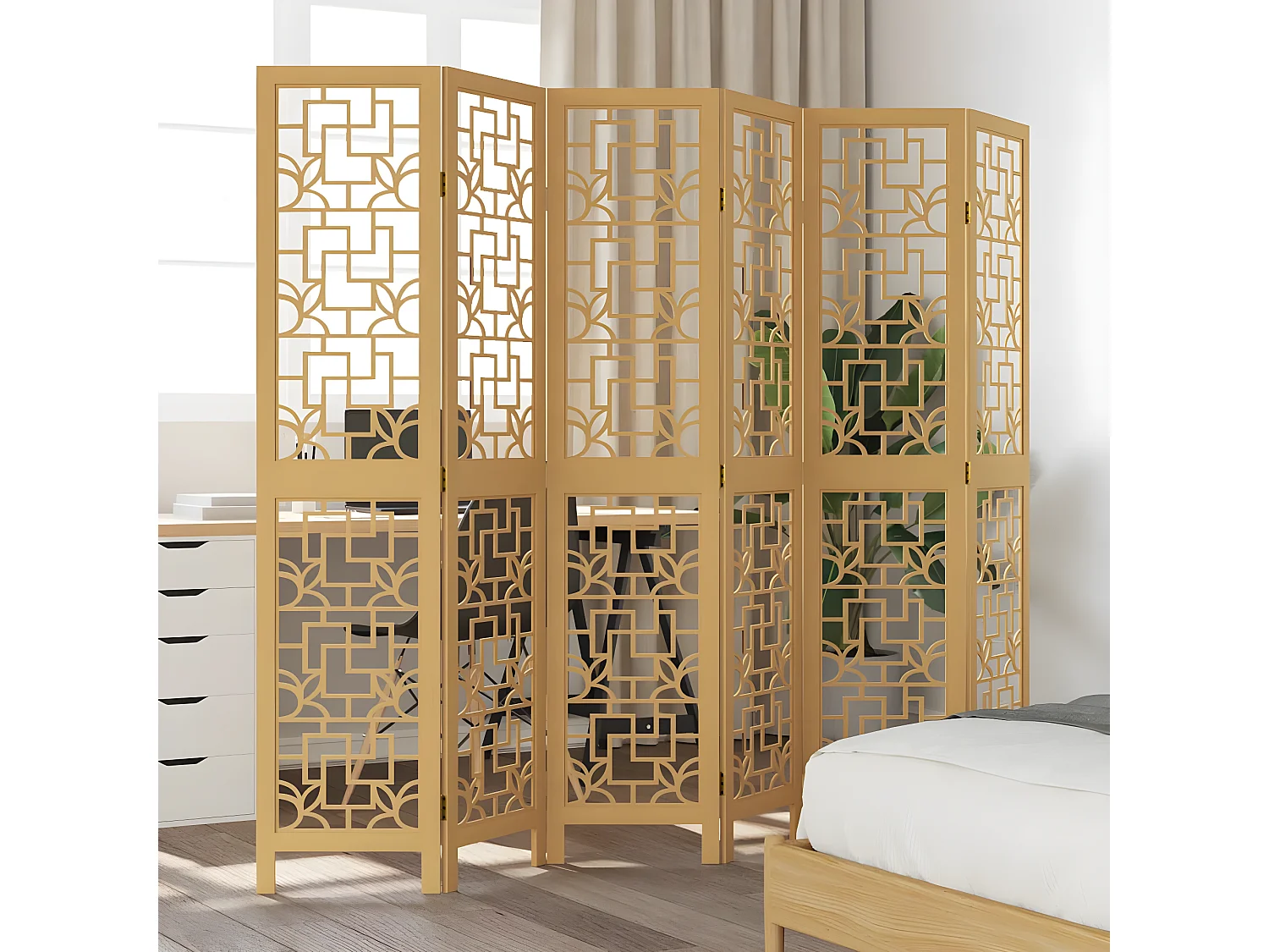 Cloison de séparation 6 panneaux marron bois paulownia massif