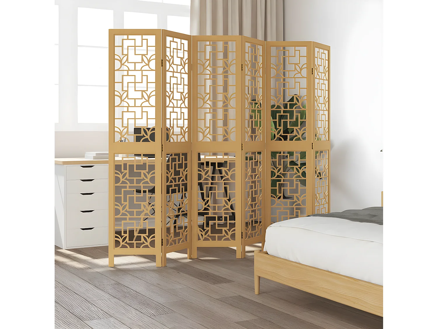 Cloison de séparation 6 panneaux marron bois paulownia massif