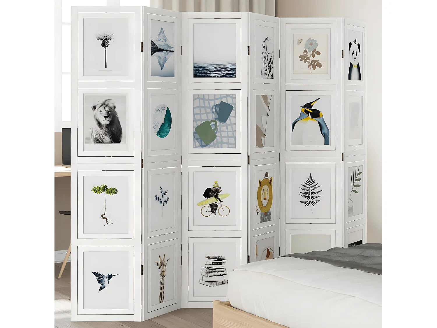 Cloison de séparation 6 panneaux blanc bois de paulownia massif