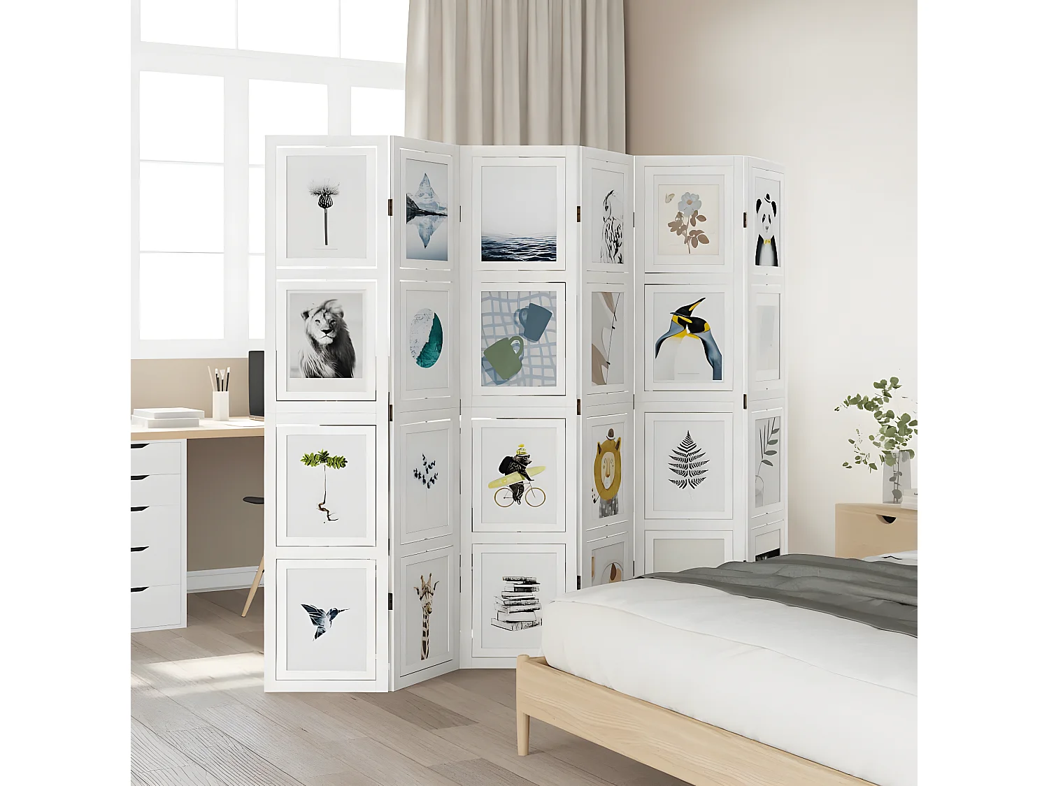 Cloison de séparation 6 panneaux blanc bois de paulownia massif