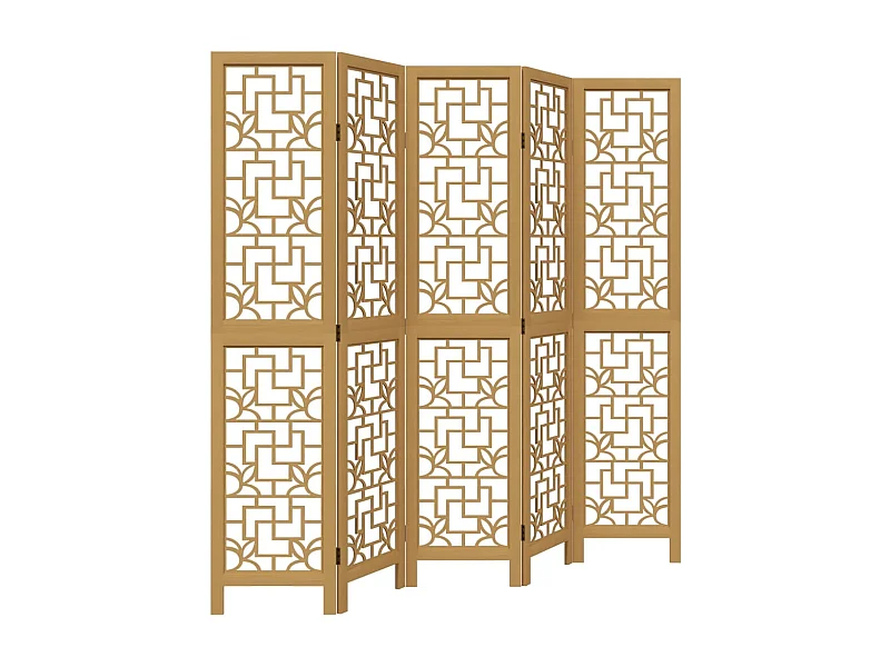 Cloison de séparation 5 panneaux marron bois paulownia massif