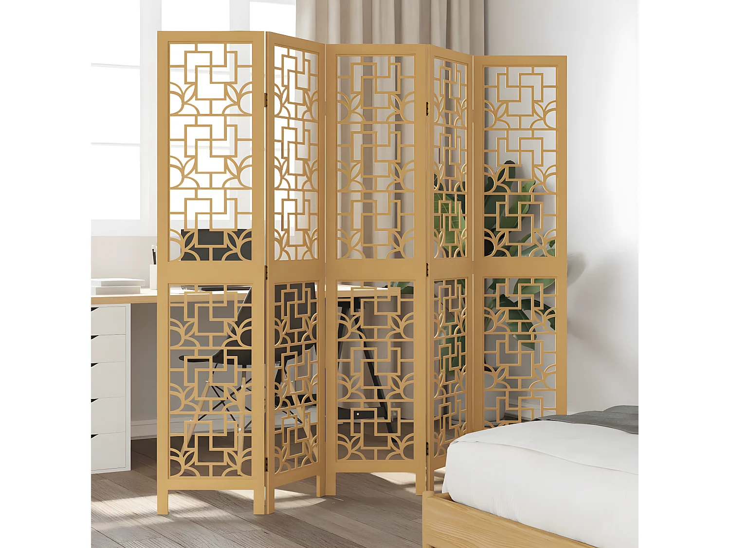 Cloison de séparation 5 panneaux marron bois paulownia massif