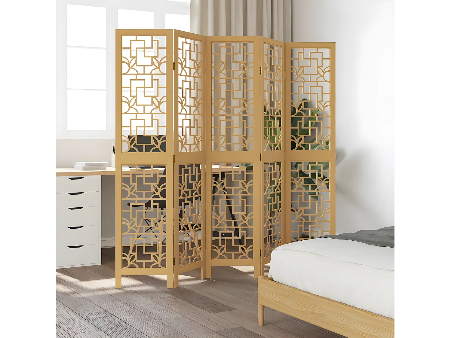 Cloison de séparation 5 panneaux marron bois paulownia massif