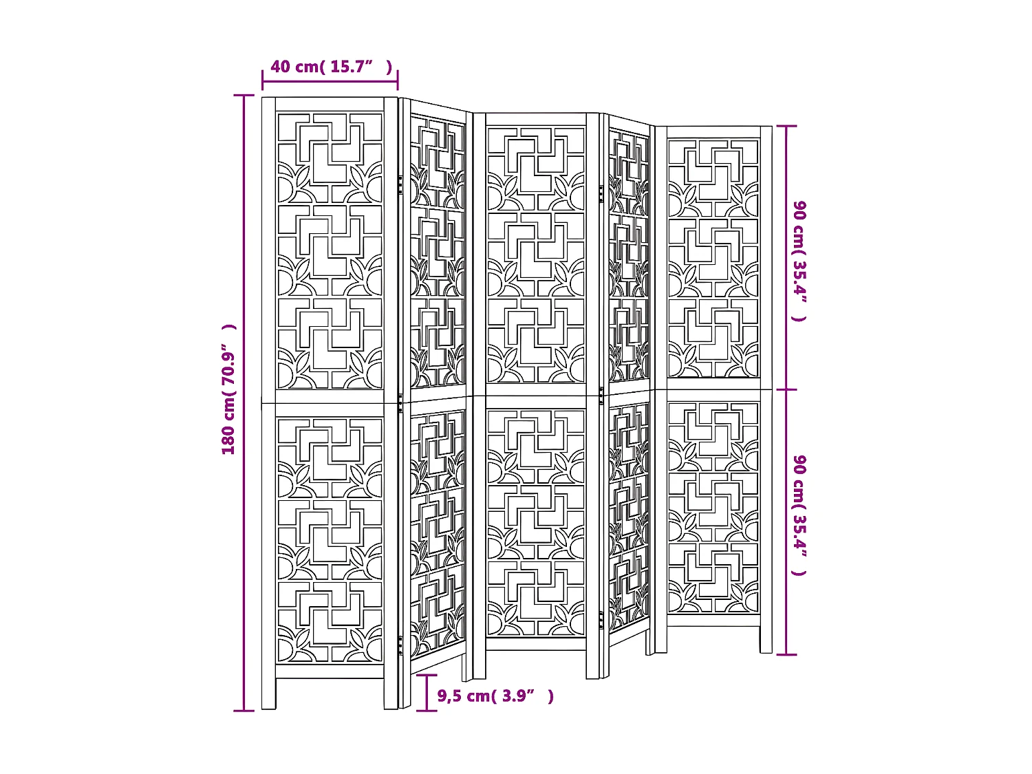 Cloison de séparation 5 panneaux marron bois paulownia massif