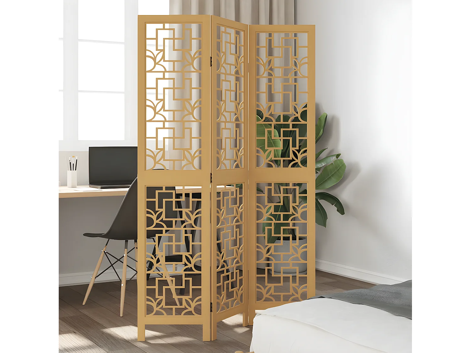 Cloison de séparation 3 panneaux marron bois paulownia massif