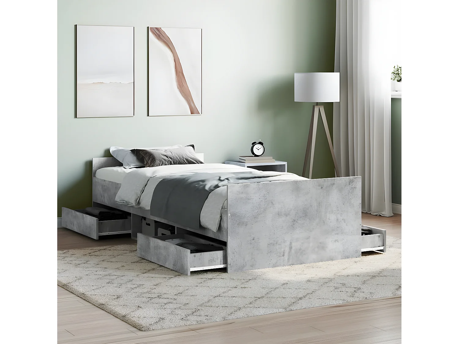 Cadre de lit tête de lit et pied de lit gris béton 90x200